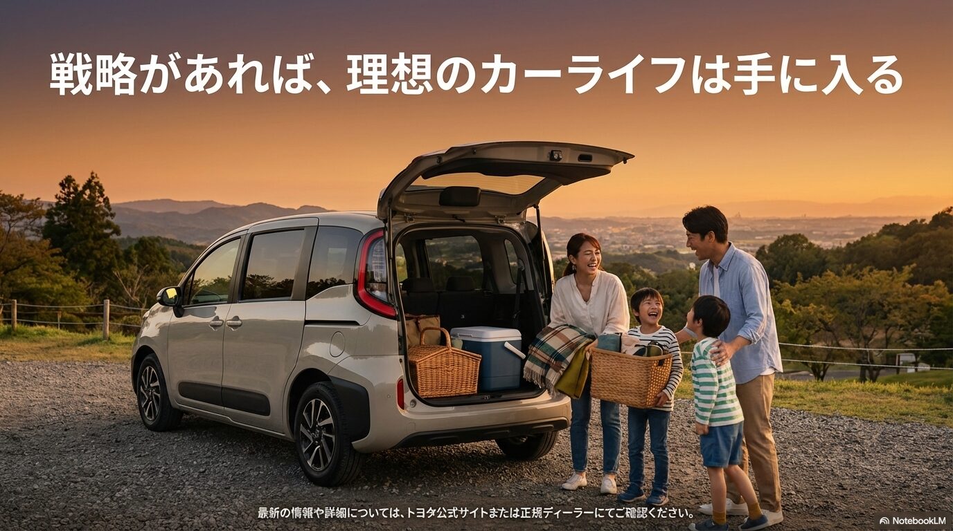 シエンタと家族が夕暮れ時にピクニックを楽しんでいる写真に「戦略があれば、理想のカーライフは手に入る」というメッセージを添えたスライド。