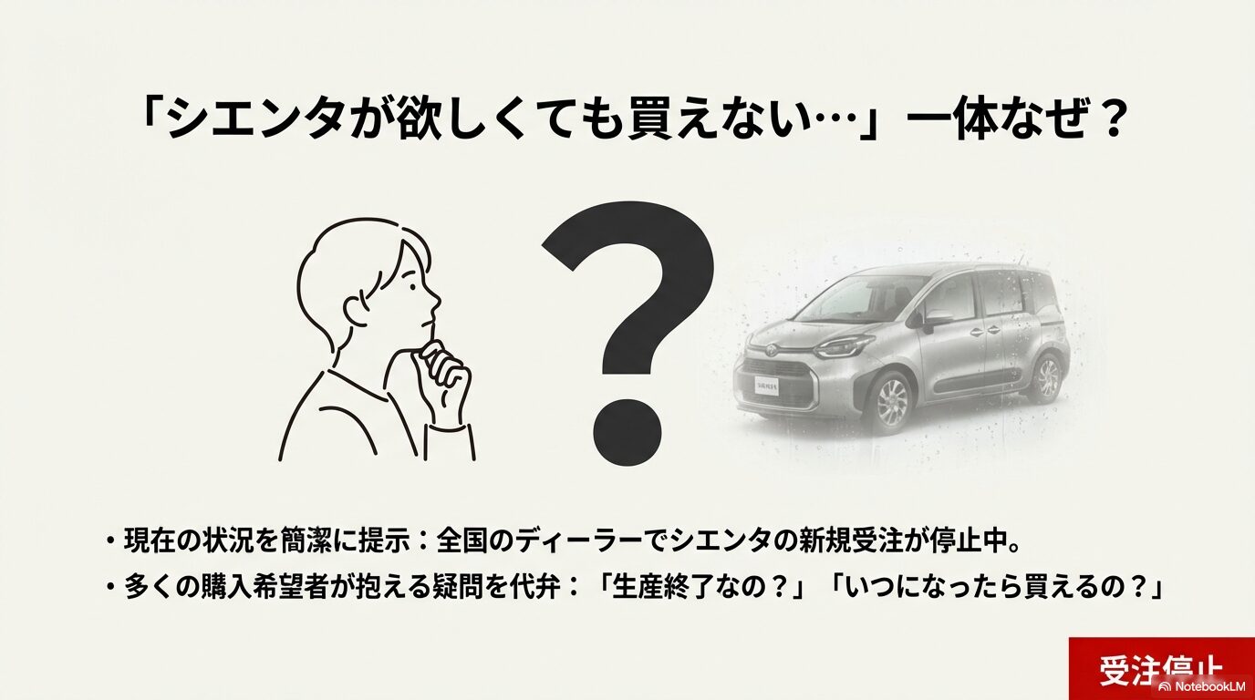 「シエンタが欲しくても買えない･･･一体なぜ？」と悩む人のイラストと、全国的な受注停止状況や購入希望者の疑問をまとめたスライド。