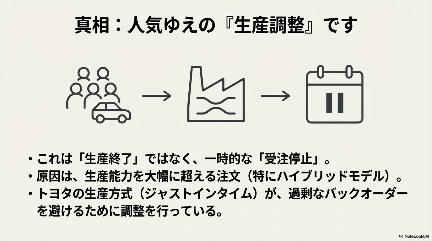 人気による生産能力超過やトヨタのジャストインタイム方式による生産調整の仕組みを図解したスライド。