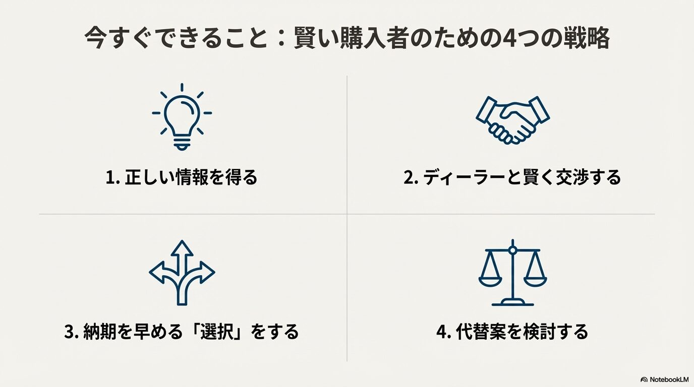 正しい情報を得る、ディーラー交渉、納期を早める選択、代替案の検討という4つの戦略を示すアイコンスライド。