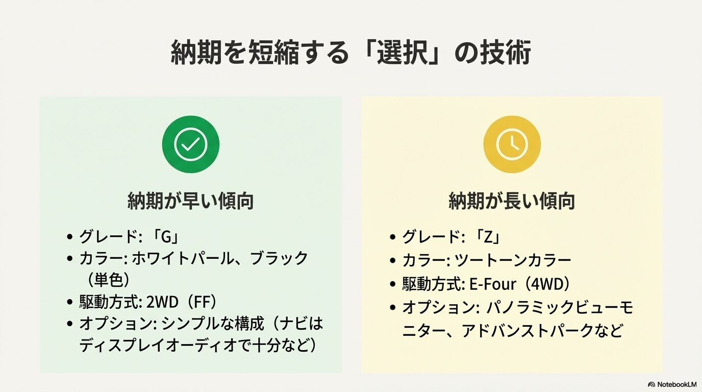 納期が早い傾向にある「Gグレード・単色・2WD」と、納期が長い傾向にある「Zグレード・ツートーン・E-Four」などを比較したスライド。