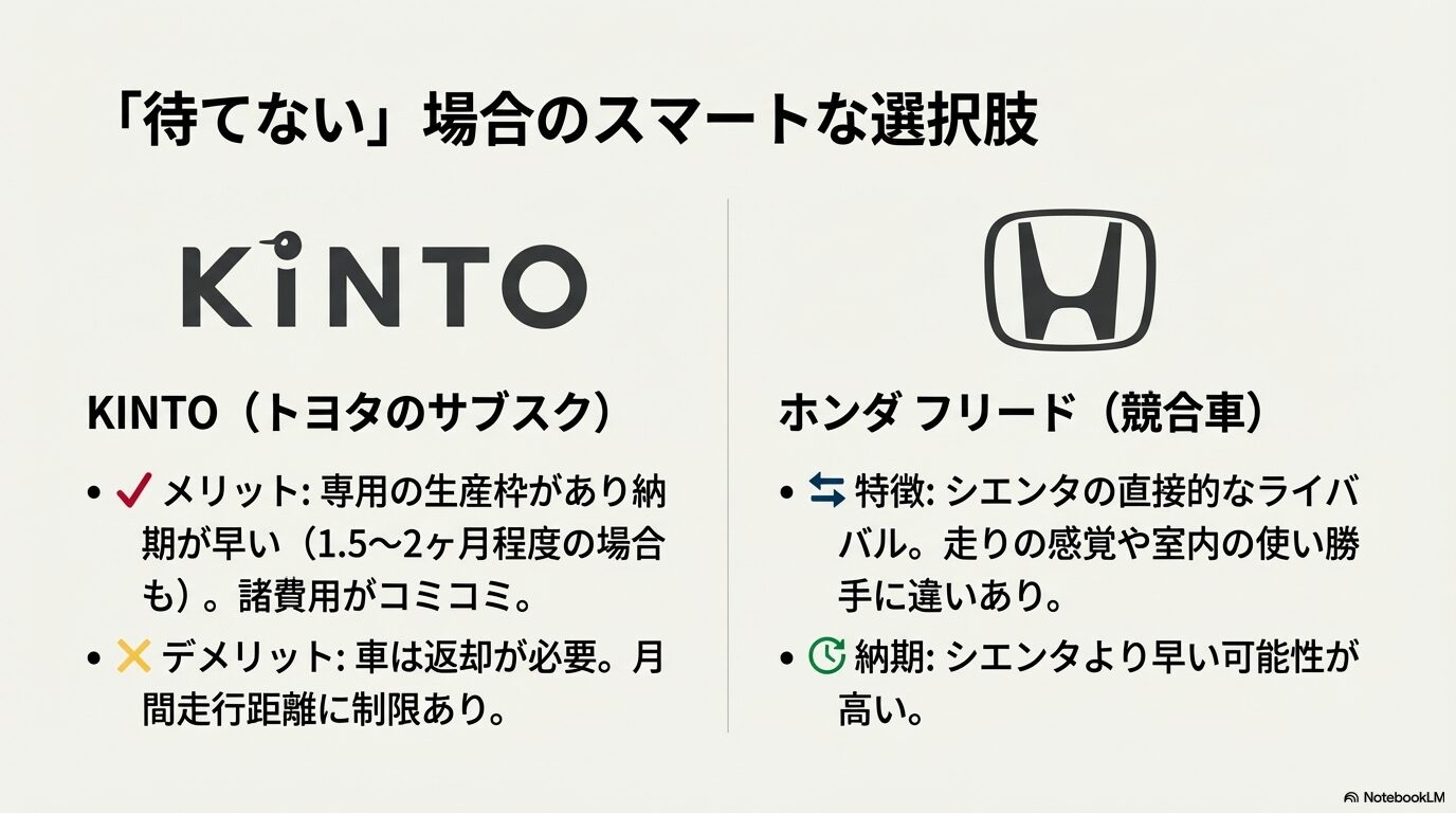 トヨタのサブスクKINTOのメリット・デメリットと、競合車であるホンダ・フリードの特徴を比較したスライド。