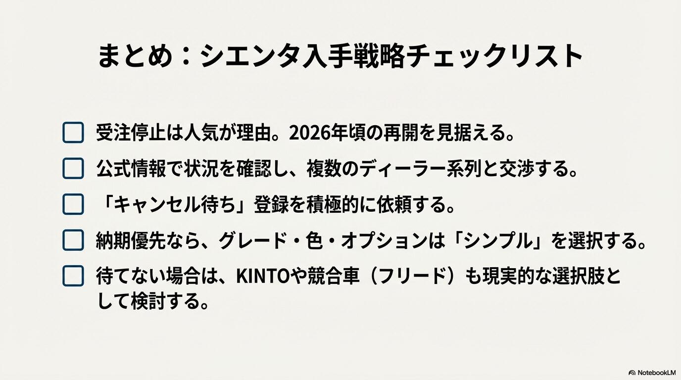 026年頃の再開見据え、複数ディーラー交渉、キャンセル待ち、シンプルな仕様選択、代替案検討をまとめたチェックリストスライド。