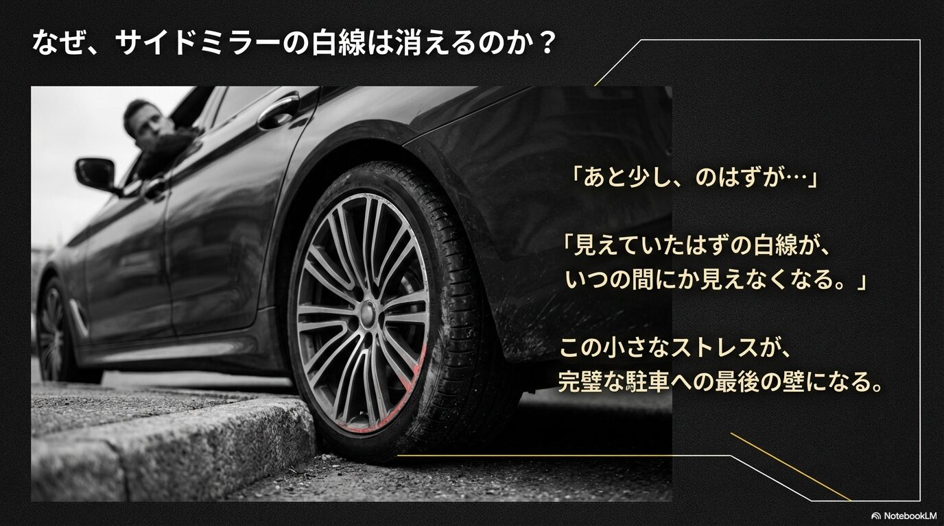 サイドミラーで見えていたはずの白線が消えるストレスと、完璧な駐車を阻む「最後の壁」を表現したスライド画像