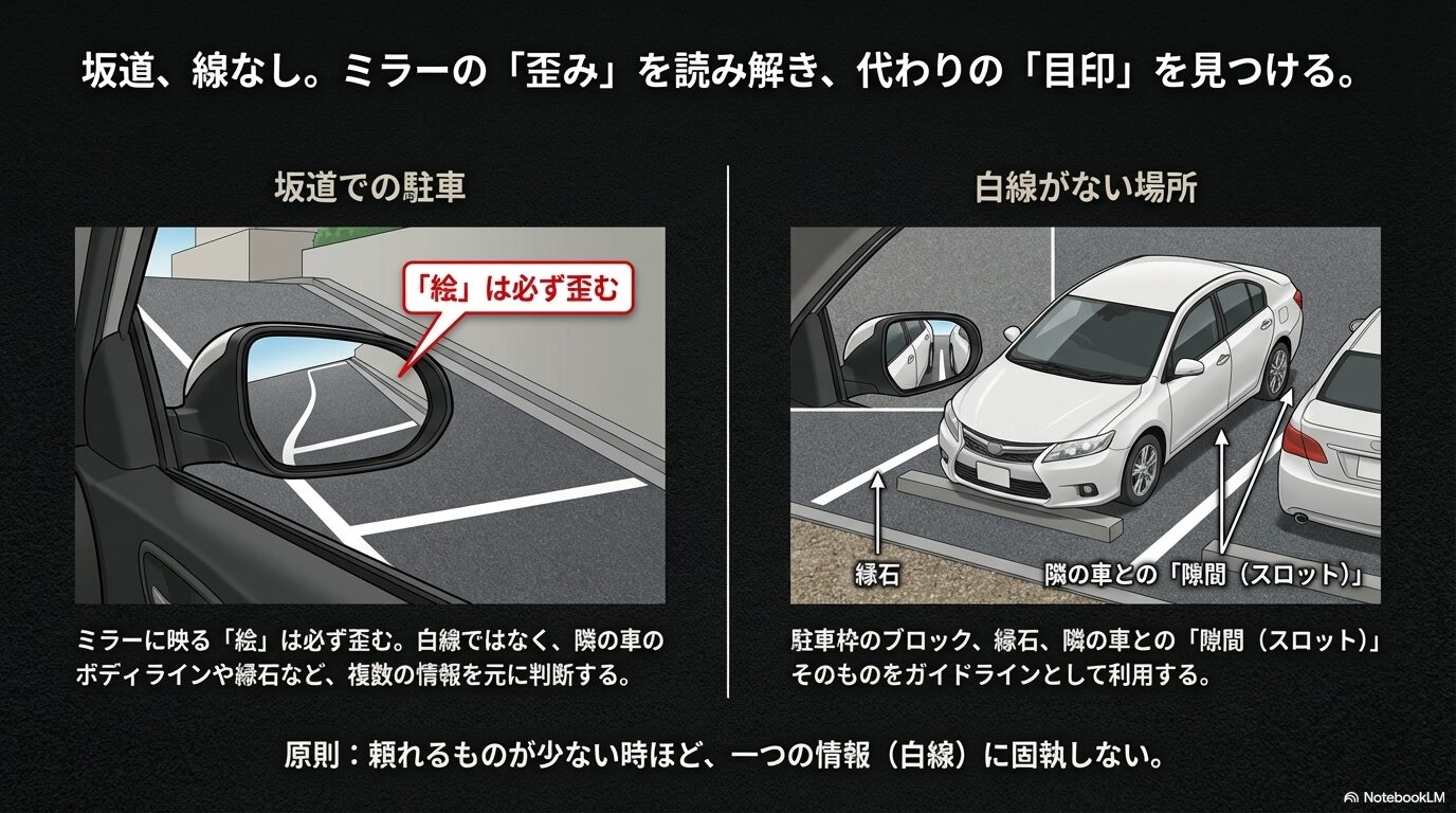 坂道でのミラーの歪みを考慮し、白線の代わりに隣の車との隙間や縁石をガイドラインにするテクニックの解説図