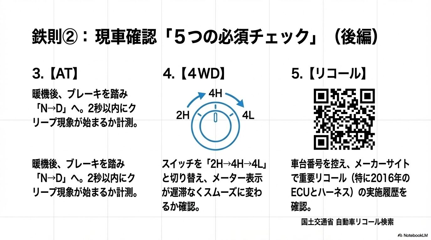 4WDトランスファーレバーの切替動作確認と、ATの変速タイムラグ計測によるコンディション診断手順