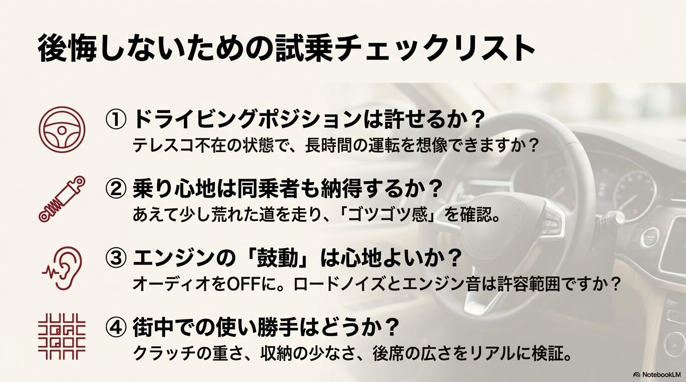 ラポジ、同乗者の納得度、エンジン音、街中での使い勝手など、試乗時に必ず確認すべき4つのポイント