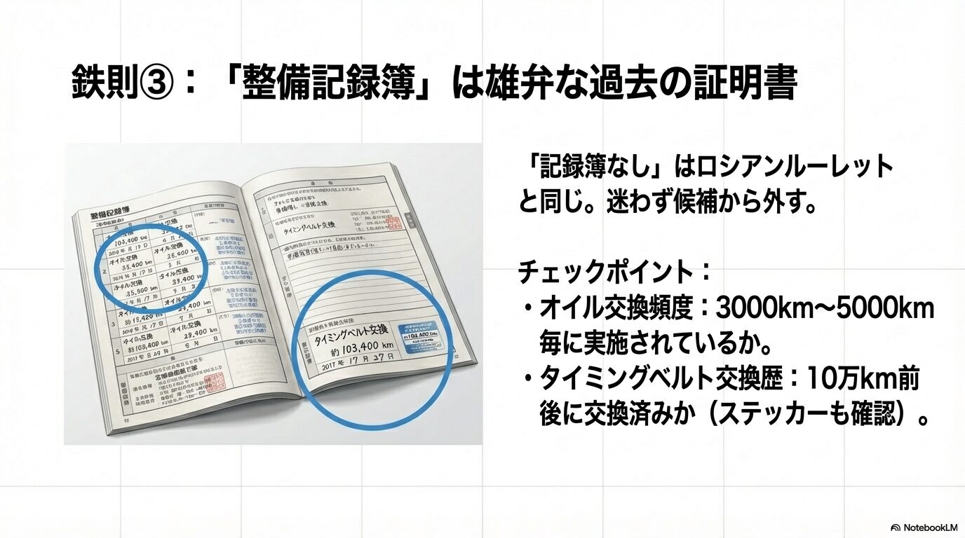 パジェロミニの整備記録簿（メンテナンスノート）の確認ポイント。オイル交換頻度やタイミングベルト交換歴のチェック方法
