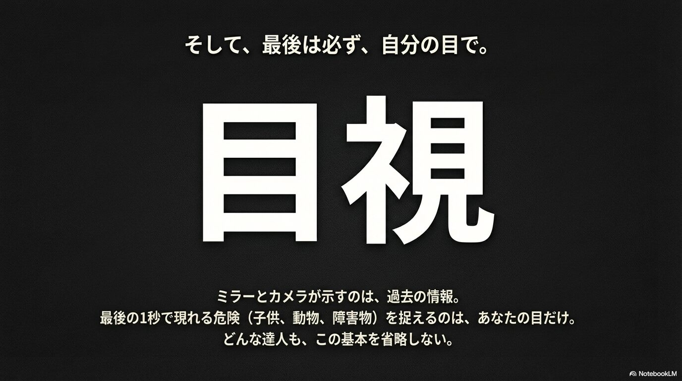ミラーやカメラが示す過去の情報ではなく、最後の1秒で現れる危険を自分の目で捉える重要性を説く図