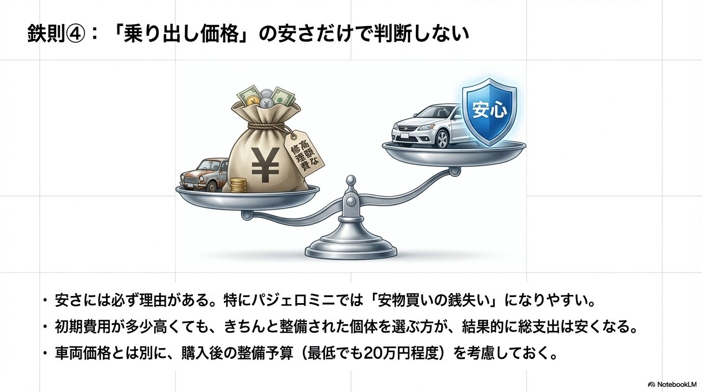 パジェロミニの乗り出し価格の安さだけで選ぶリスク。購入後の高額な修理費と、整備済み車両のコストパフォーマンスを比較する天秤のイラスト