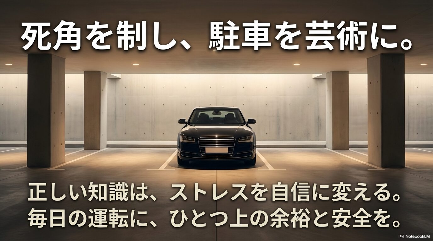 死角を制する正しい知識を身につけ、毎日の運転に余裕と安全をもたらすことを促すメッセージスライド
