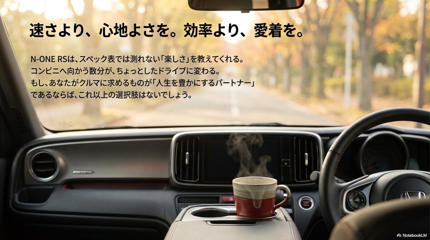 N-ONE RSはスペックで測れない楽しさを教え、人生を豊かにするパートナーであるという結びのメッセージ