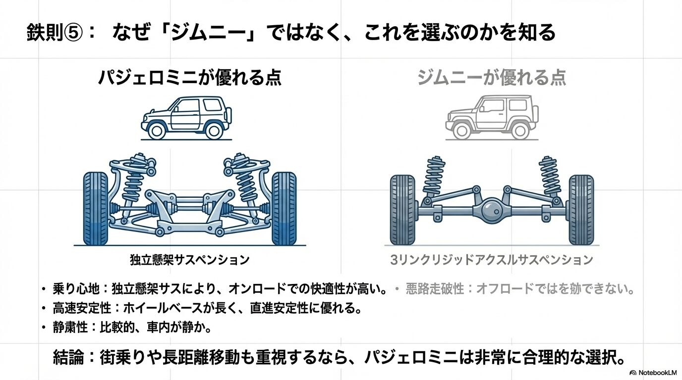 パジェロミニの独立懸架サスペンションとジムニーの3リンクリジッドアクスルサスペンションの構造図。乗り心地と悪路走破性の違いを解説