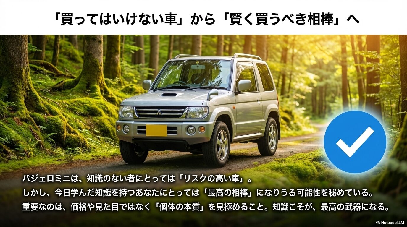 整備された良質なパジェロミニH58A型の写真。知識を持って選べば最高の相棒になるという結論を示すイメージ
