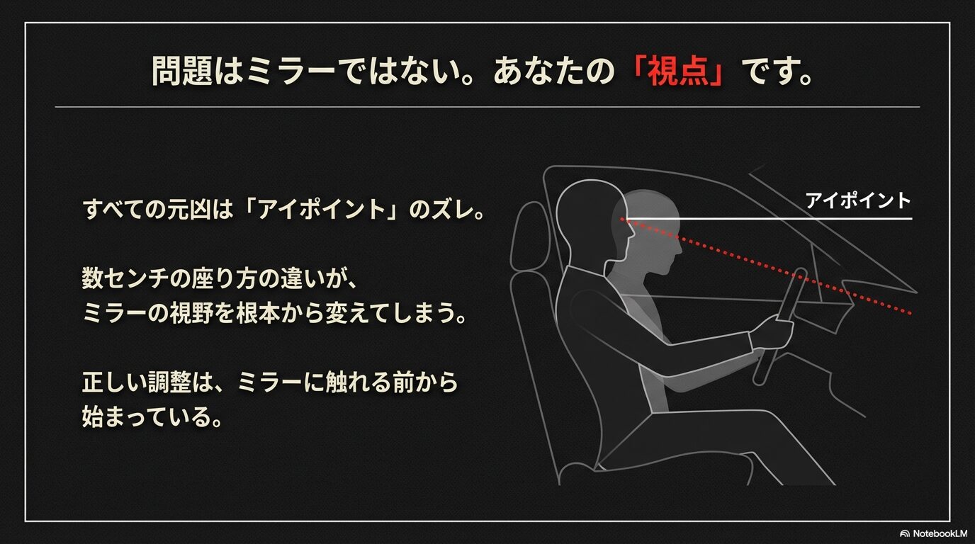 数センチの座り方の違い（アイポイント）がミラーの視野を根本から変えてしまうことを説明する図解画像