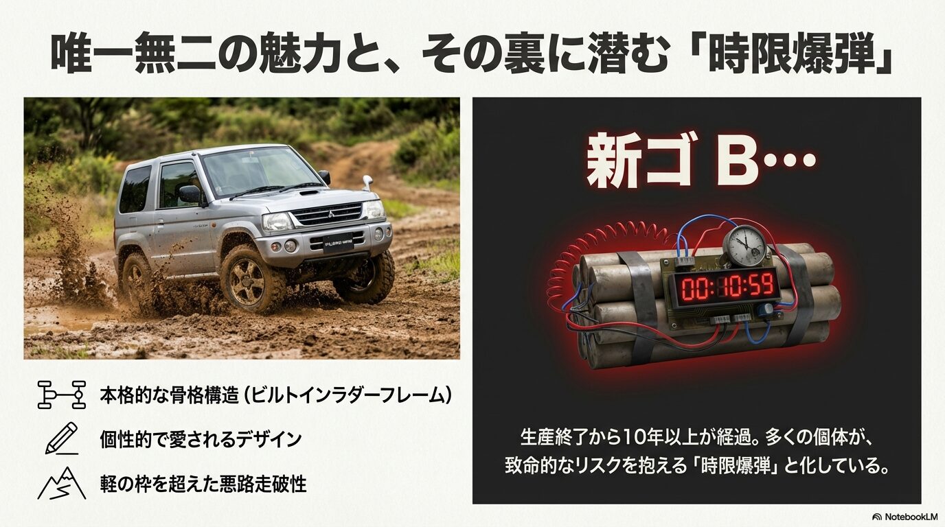 泥道を走るパジェロミニH58A型と、中古車購入における故障リスクを示す時限爆弾のイメージ図