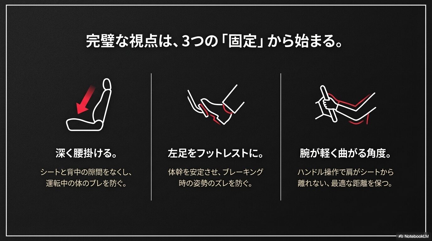 深く腰掛け、左足をフットレストに置き、腕が軽く曲がる距離を保つ正しいドライビングポジションの解説図