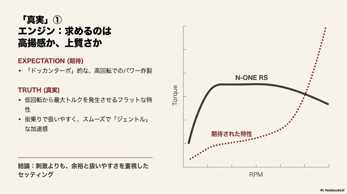 期待される「ドッカンターボ」的な出力特性と、実際の「低回転トルク重視」なフラット特性を比較したグラフ