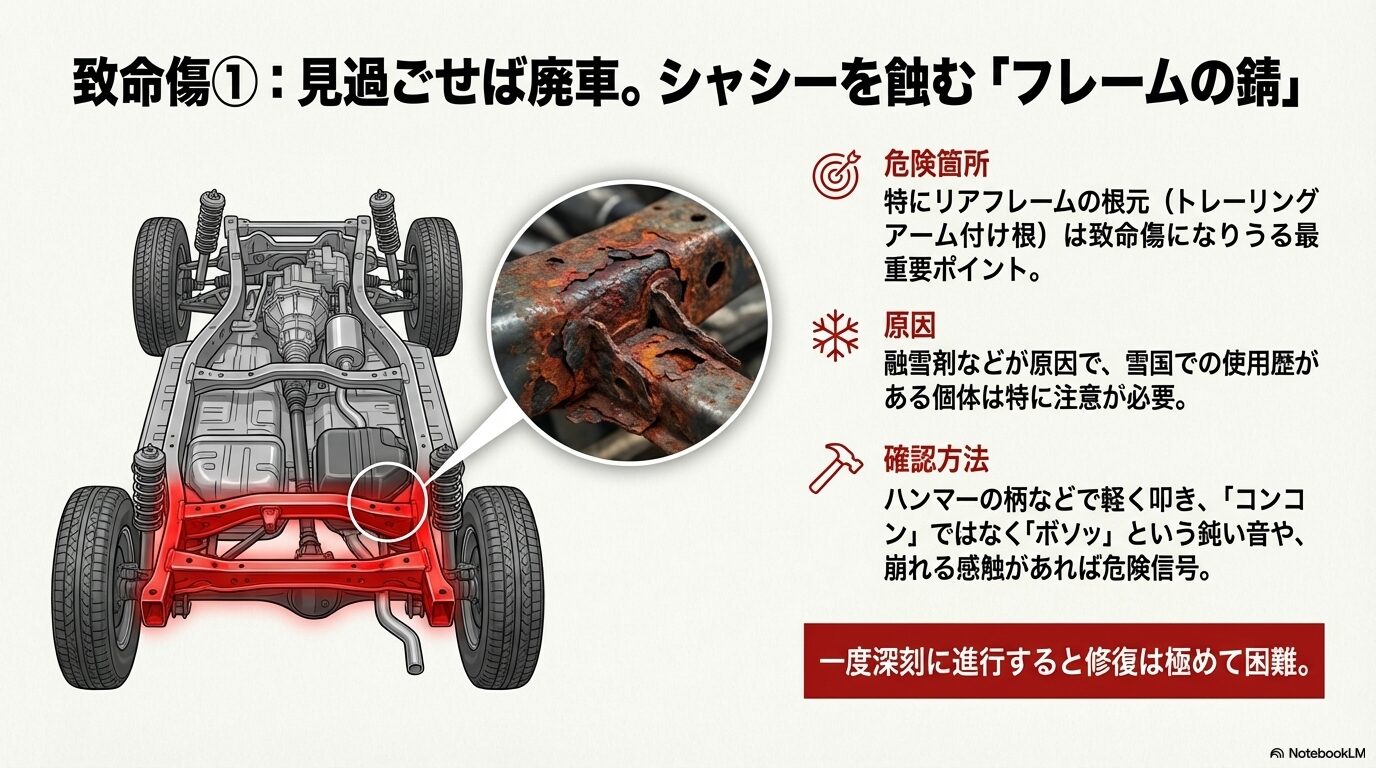 パジェロミニのビルトインラダーフレーム構造図。特に錆びやすいリアトレーリングアーム取付部の腐食リスクを解説した図