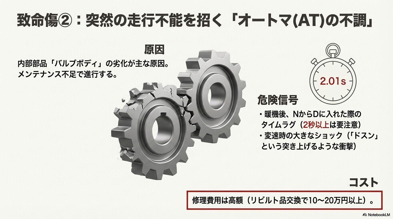 パジェロミニのオートマチックトランスミッション故障の原因であるバルブボディ劣化と、NからDへの変速タイムラグ2秒以上の危険信号を示す図