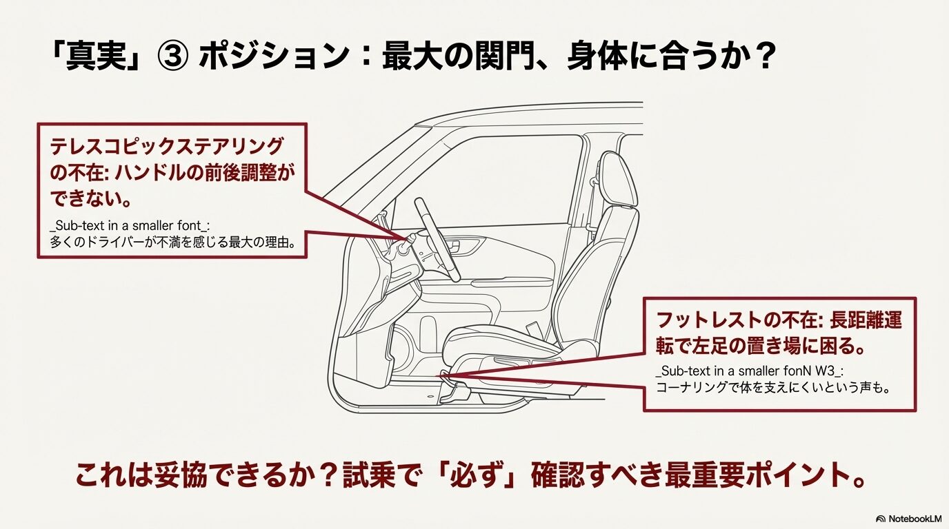 テレスコピックステアリングとフットレストが装備されていないことによる、運転姿勢への影響を図解したスライド