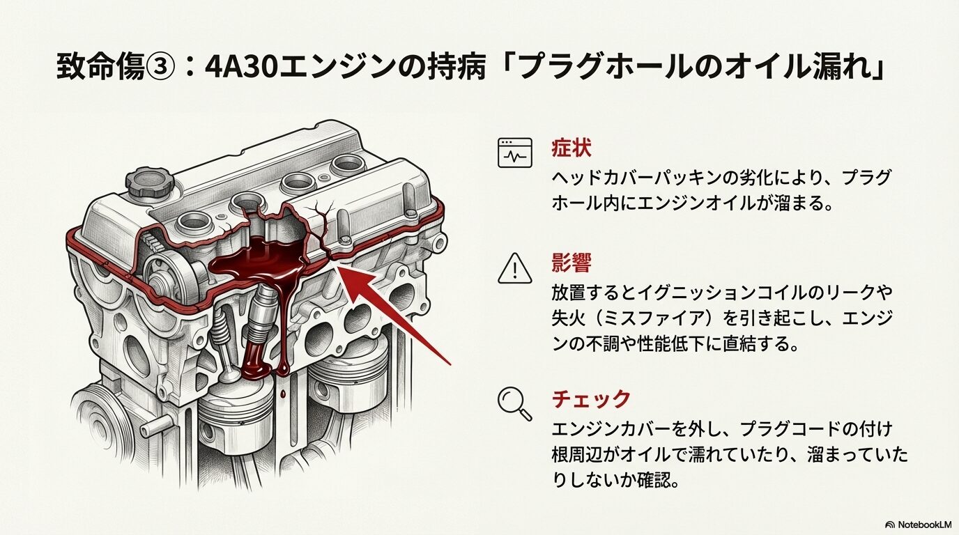 三菱4A30型エンジンのヘッドカバーパッキン劣化により、プラグホールへオイルが漏れ出すメカニズムを示した断面図