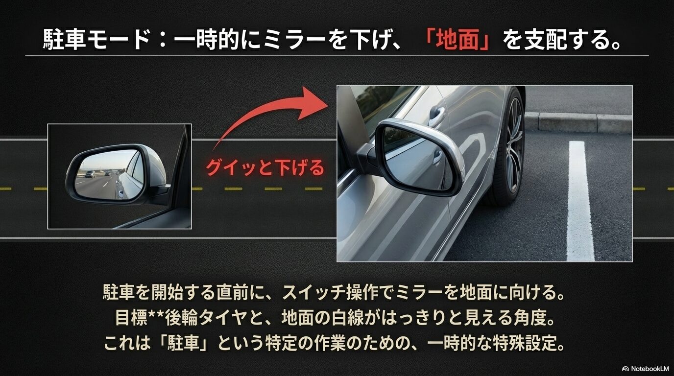 駐車開始直前にスイッチ操作でミラーを下げ、後輪タイヤと地面の白線をはっきり映し出す視野の図解