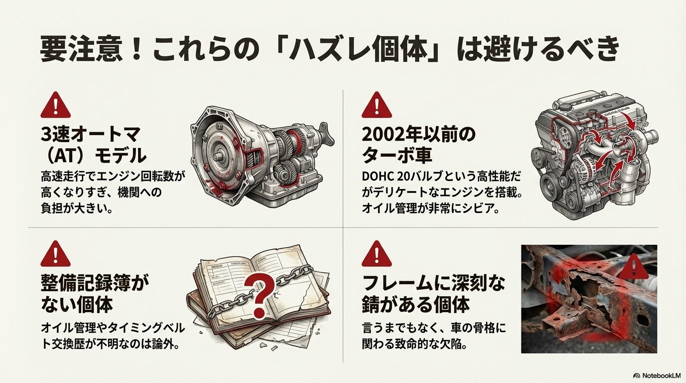 3速AT、整備記録簿なし、2002年以前のターボ車、フレーム腐食車など、購入を避けるべきパジェロミニの特徴まとめ