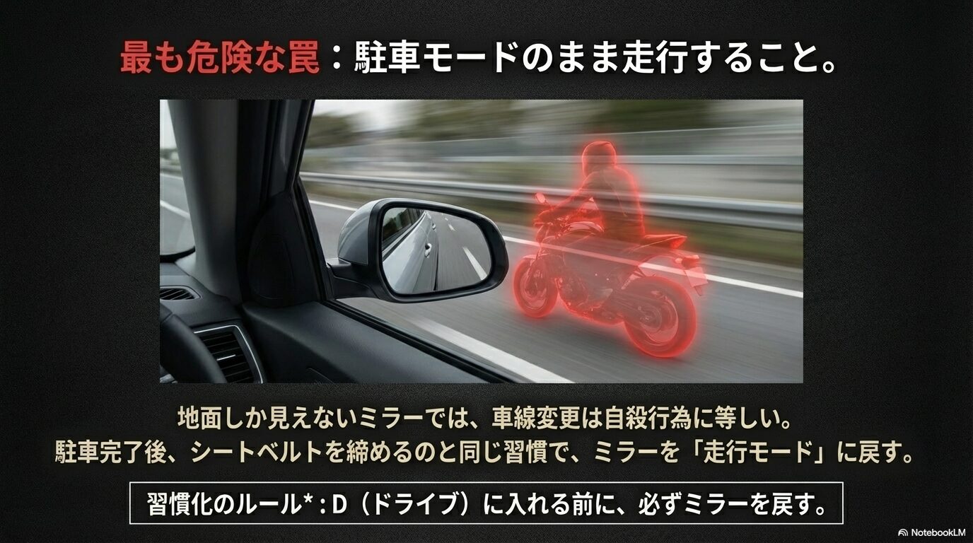 地面しか見えないミラーで走行すると、車線変更時に後続のバイクや車が完全に死角に入る危険性を示す警告画像