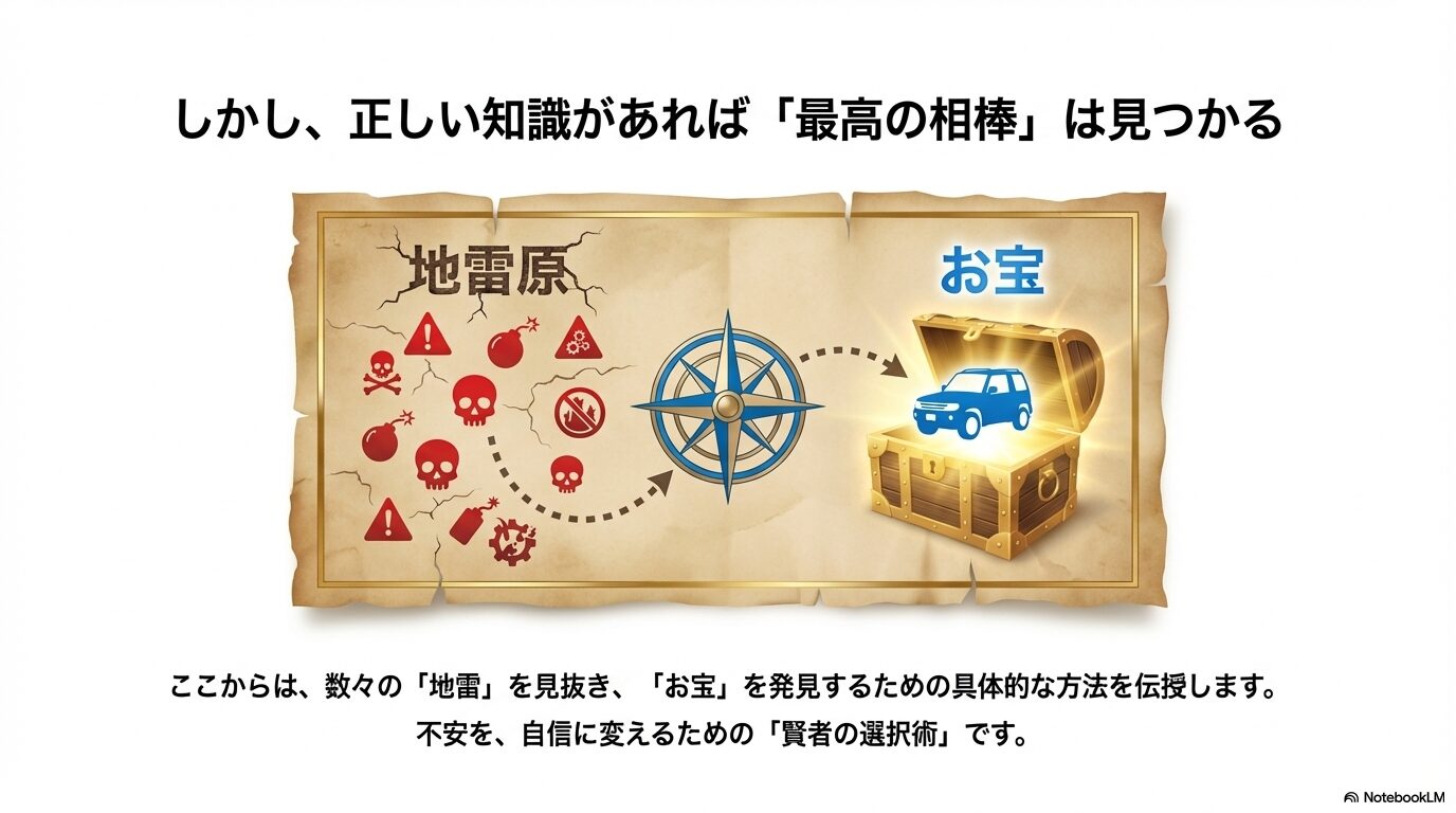 故障リスクの高い「地雷」中古車を避け、状態の良い「お宝」車両を見つけるための選定プロセスイメージ図