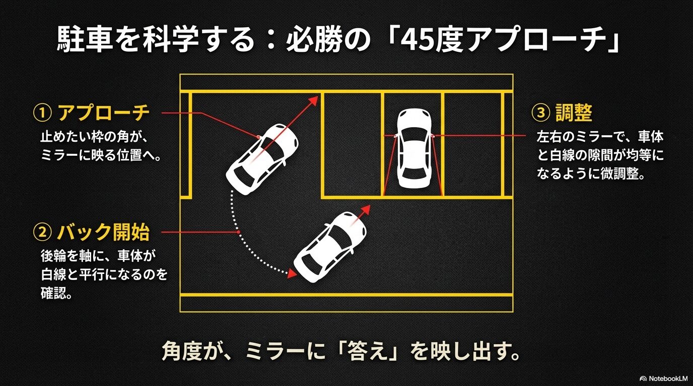駐車枠に対して45度に進入し、左右のミラーで隙間を均等に調整しながらバックする一連の流れを示した上空図