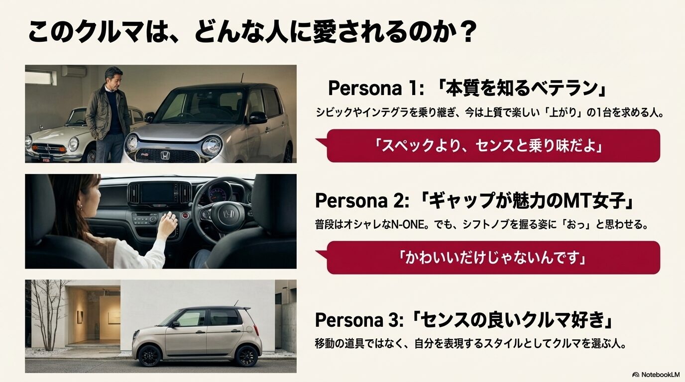 「本質を知るベテラン」「MT女子」「センスの良いクルマ好き」など、N-ONE RSを選ぶユーザーのペルソナ分析