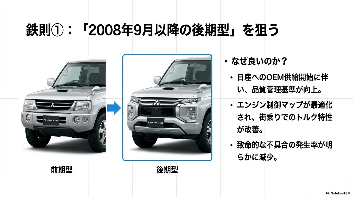 2008年9月以降のパジェロミニ後期型（最終型）と前期型のフロントデザイン比較。日産OEM供給に伴う品質向上の解説