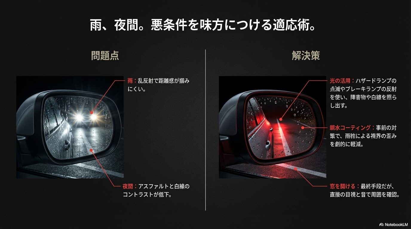 雨の乱反射や夜間の低コントラストに対し、ハザードの点滅利用や窓を開けた目視で対応する解決策の図