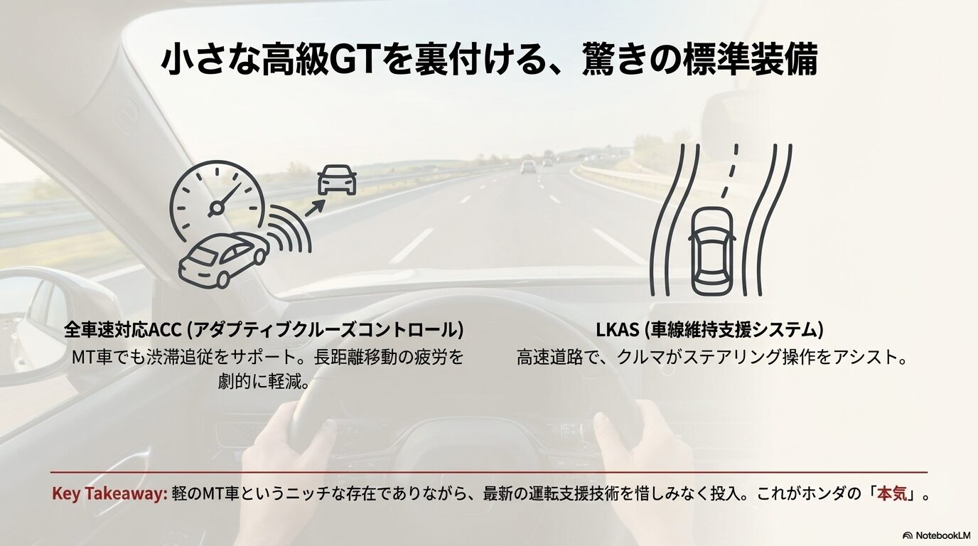 軽自動車のMTモデルでありながら、全車速対応ACCやLKASなどの運転支援技術が標準装備されていることの解説