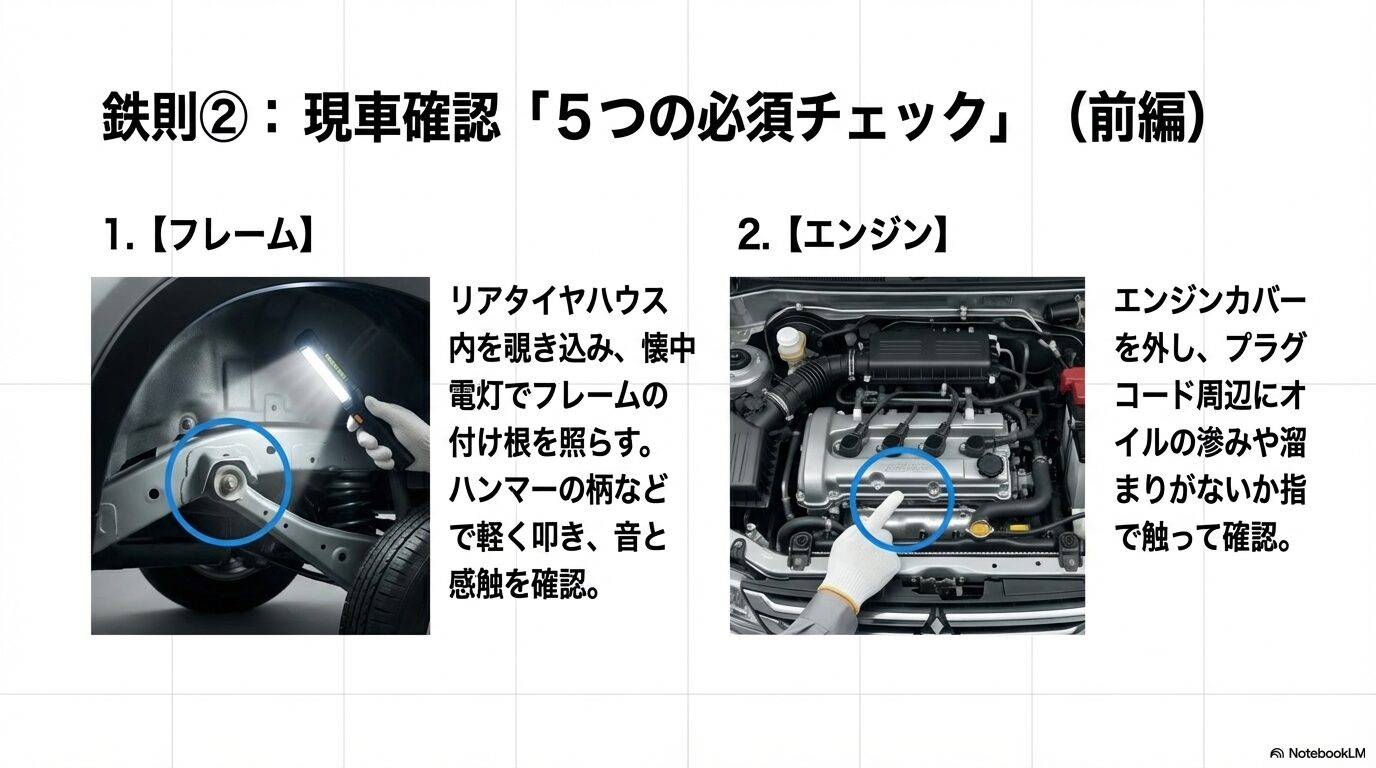 中古車販売店で行うパジェロミニの点検方法。リアタイヤハウス内のフレーム腐食確認とエンジンオイル漏れの指差し確認