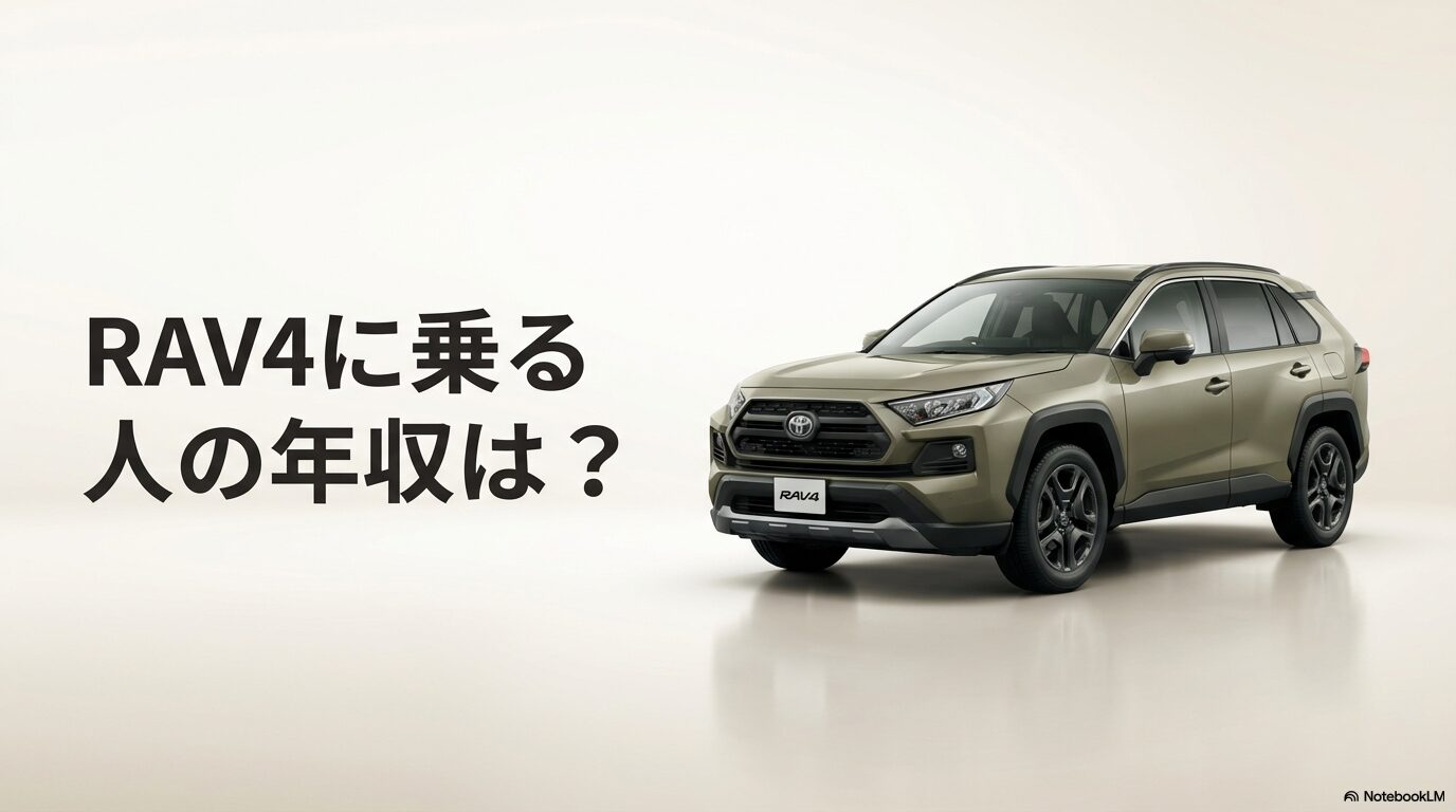 RAV4に乗る人の年収相場を検証する記事のトップ画像。アーバンカーキのRAV4が走るスタイリッシュな外観スライド。