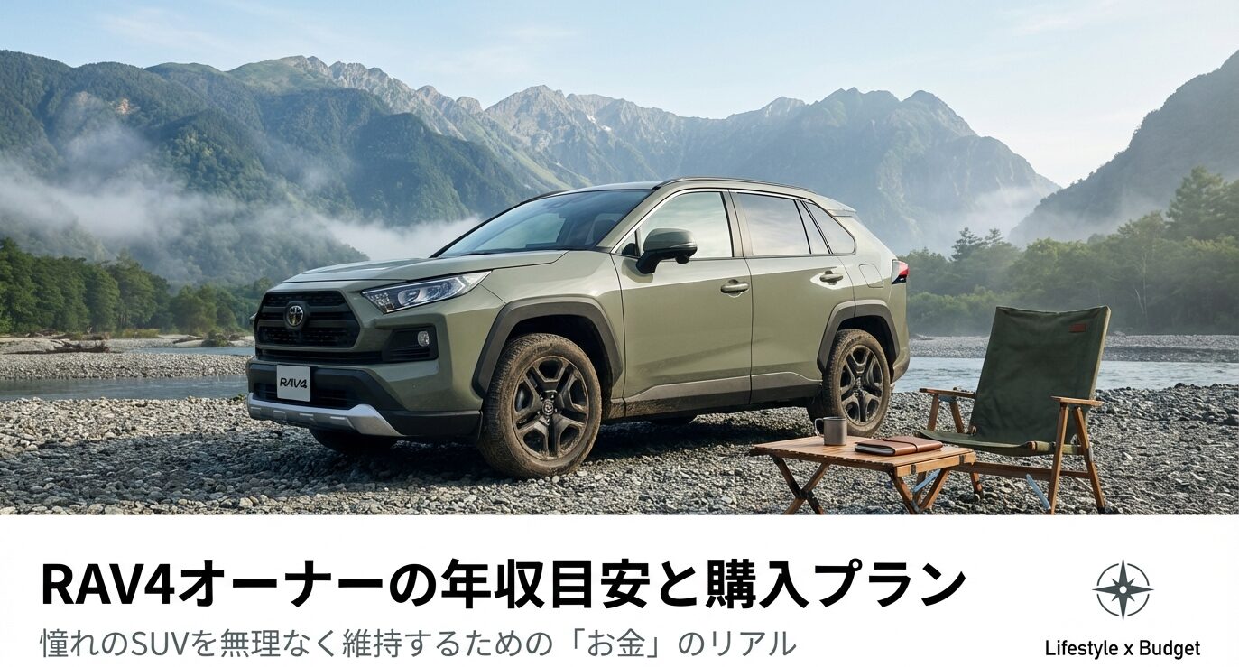 RAV4購入を検討する際の年収目安と、無理のない維持のためのリアルなお金の話をまとめた表紙スライド