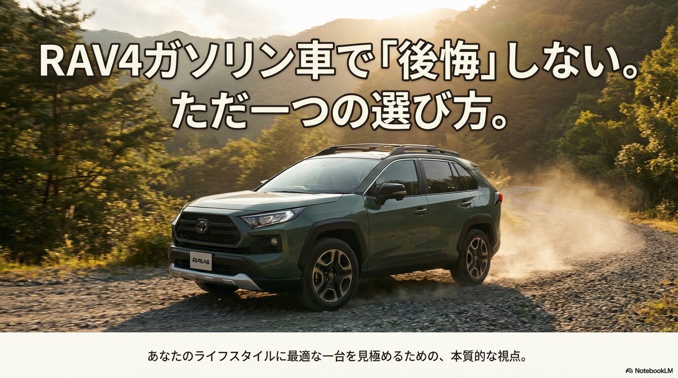 RAV4ガソリン車で後悔しないための選び方を解説するスライドの表紙。