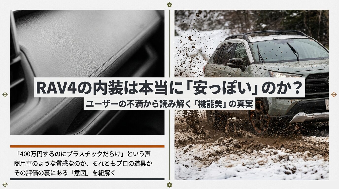 「RAV4の内装は本当に安っぽいのか？」という問いかけと、ユーザーの不満から機能美を紐解くという導入スライド。