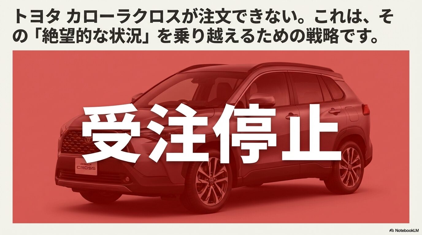 カローラクロスの車両画像に「受注停止」の文字が重なり、絶望的な状況を乗り越えるための戦略であることを示す導入スライド。