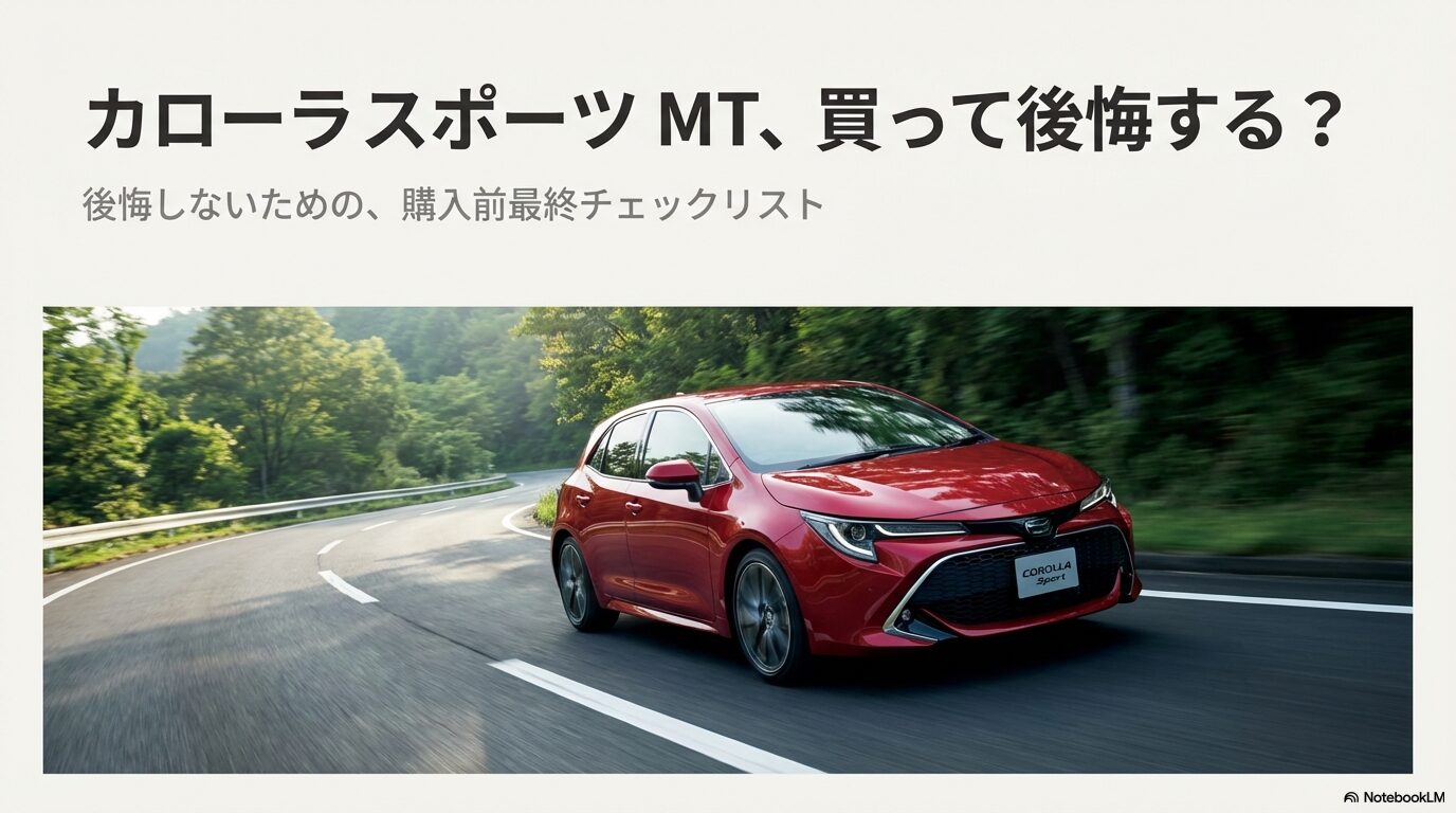 ワインディングロードを走行する赤いカローラスポーツの画像と「買って後悔する？購入前最終チェックリスト」というタイトルのスライド