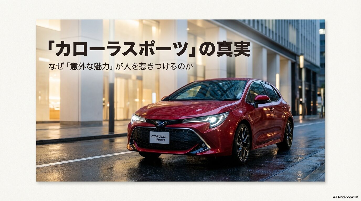 ホワイトのカローラスポーツが走行している画像と「カローラスポーツの真実：なぜ意外な魅力が人を惹きつけるのか」というタイトル