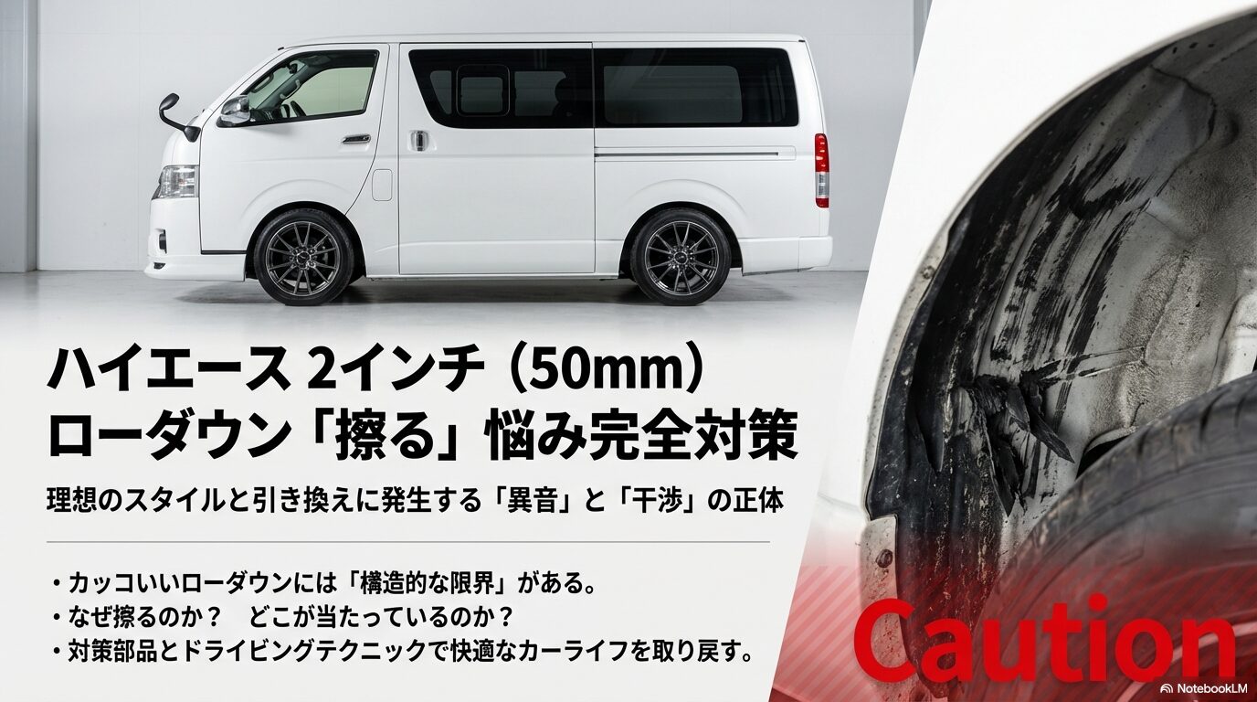 ハイエース2インチローダウンによる異音や干渉の正体を解明し、対策部品とドライビングテクニックで解決することを解説するタイトルスライド。