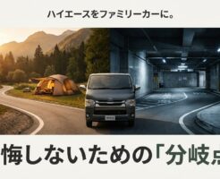 ハイエースのファミリーカー化をテーマにした表紙スライド。キャンプ場を走るシーンと、地下駐車場に停まっているシーンが対比されています。