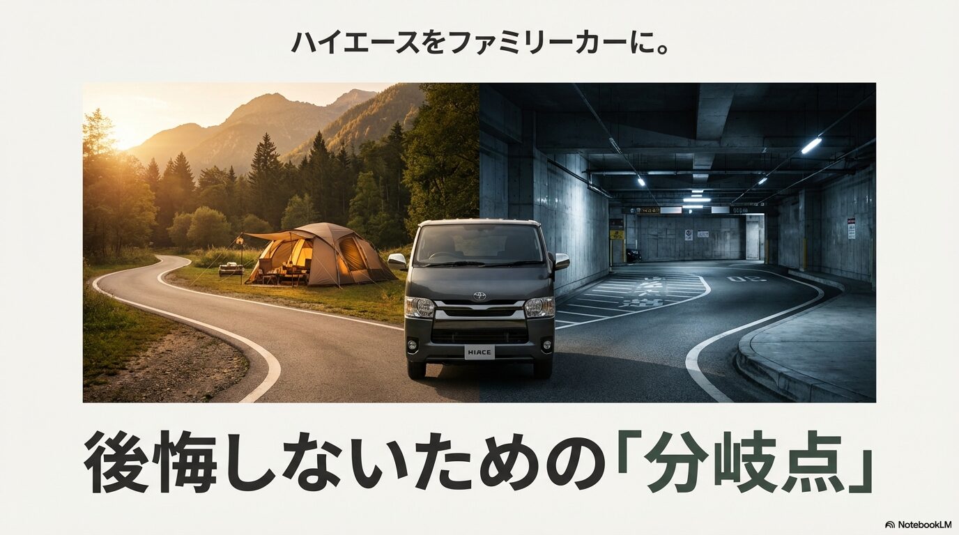 ハイエースのファミリーカー化をテーマにした表紙スライド。キャンプ場を走るシーンと、地下駐車場に停まっているシーンが対比されています。