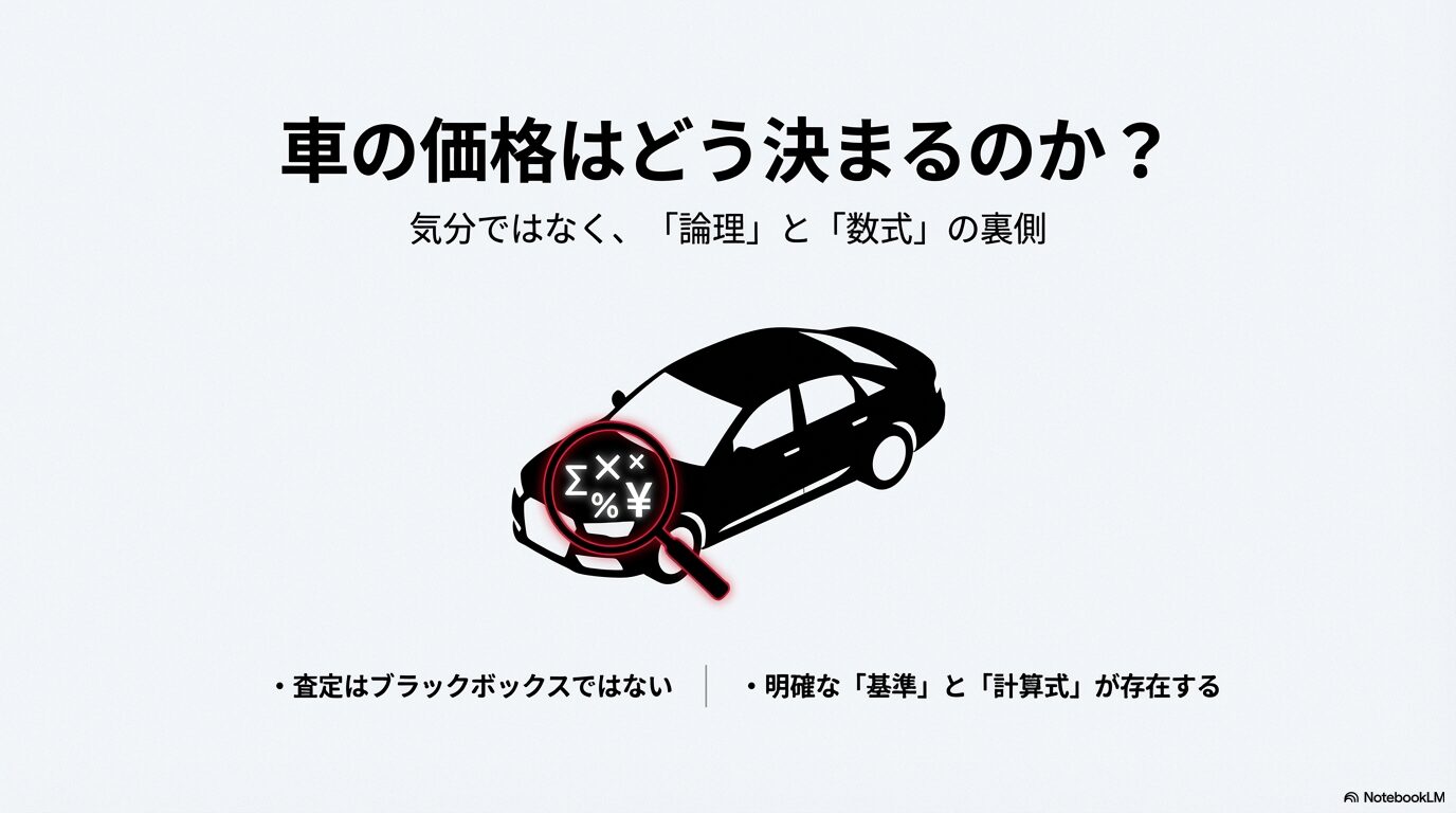 黒い車のシルエットを虫眼鏡で覗き、査定基準や計算式(Σ、%、¥)を分析しているイメージ画像 。