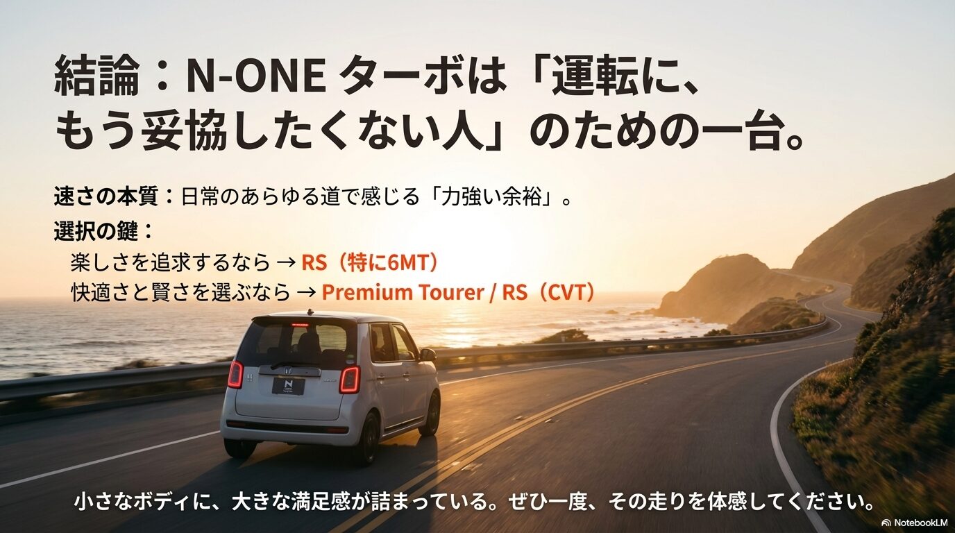 日常の力強い余裕と、RSまたはPremium Tourerを選ぶ際のキーポイントをまとめた最終結論スライド。