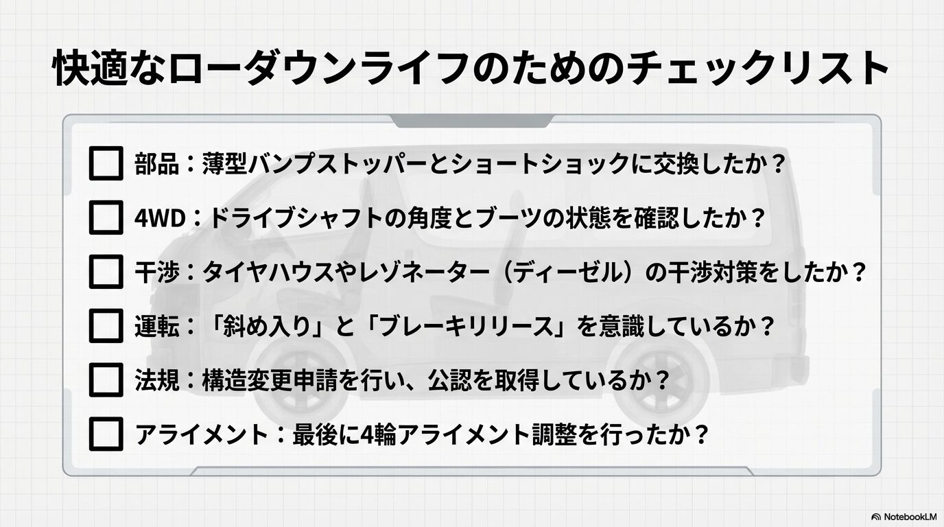 対策部品の交換、4WDのブーツ確認、干渉対策、運転方法、法規、アライメント調整など、ローダウン後に確認すべき項目をまとめたチェックリスト。