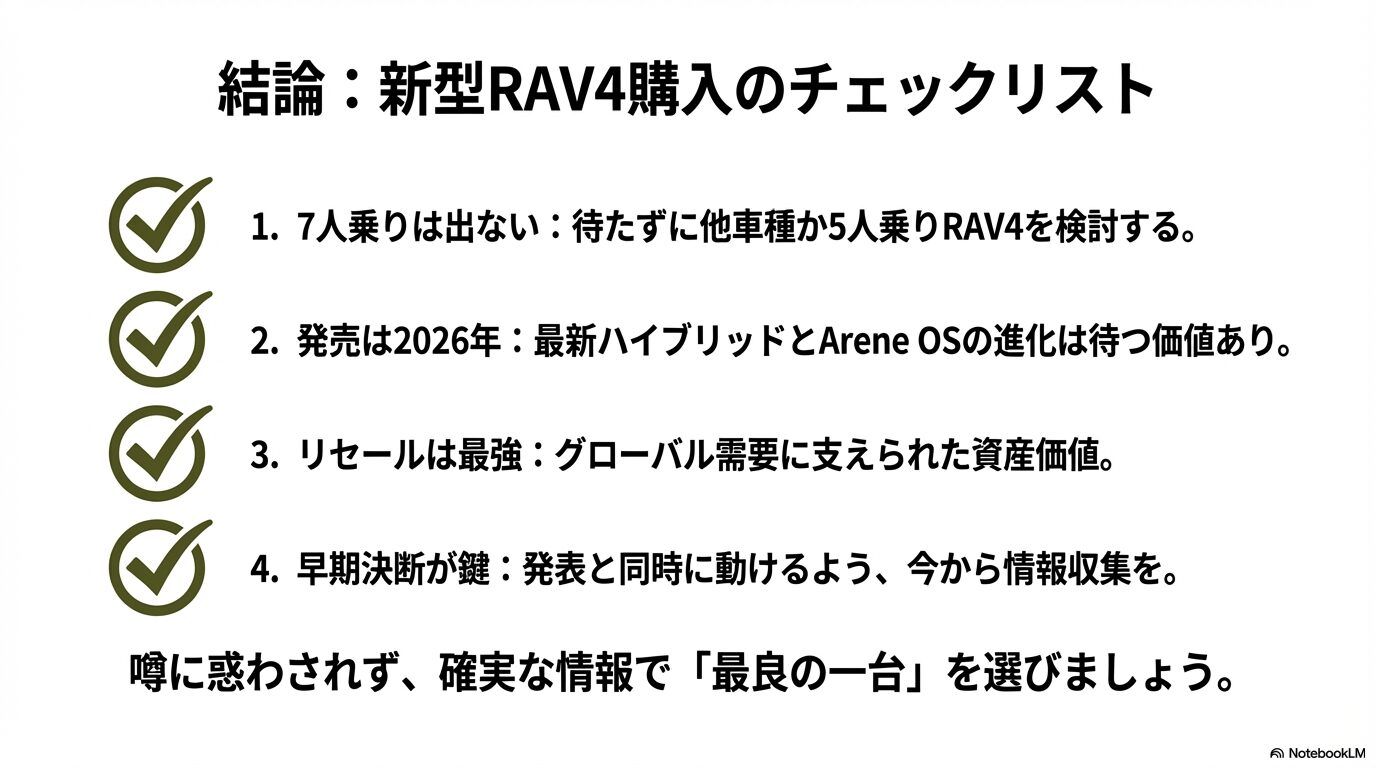 7人乗りは出ない、発売は2026年、リセールは最強、早期決断が鍵という4点をまとめた最終確認スライド。